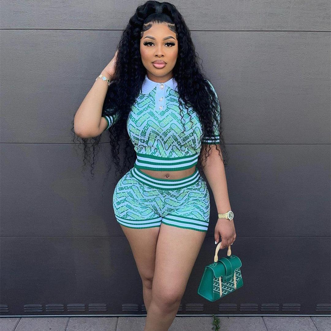 Abstract Retro Casual Patchwork Rib Short Sleeve Shorts Set - Trendha