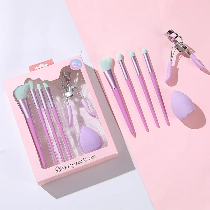 6-Piece Makeup Brush Set with Cosmetic Blender & Eyelash Curler