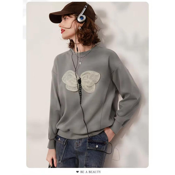 Spring Long Sleeve Sweatshirt with 3D Dragonfly Decoration