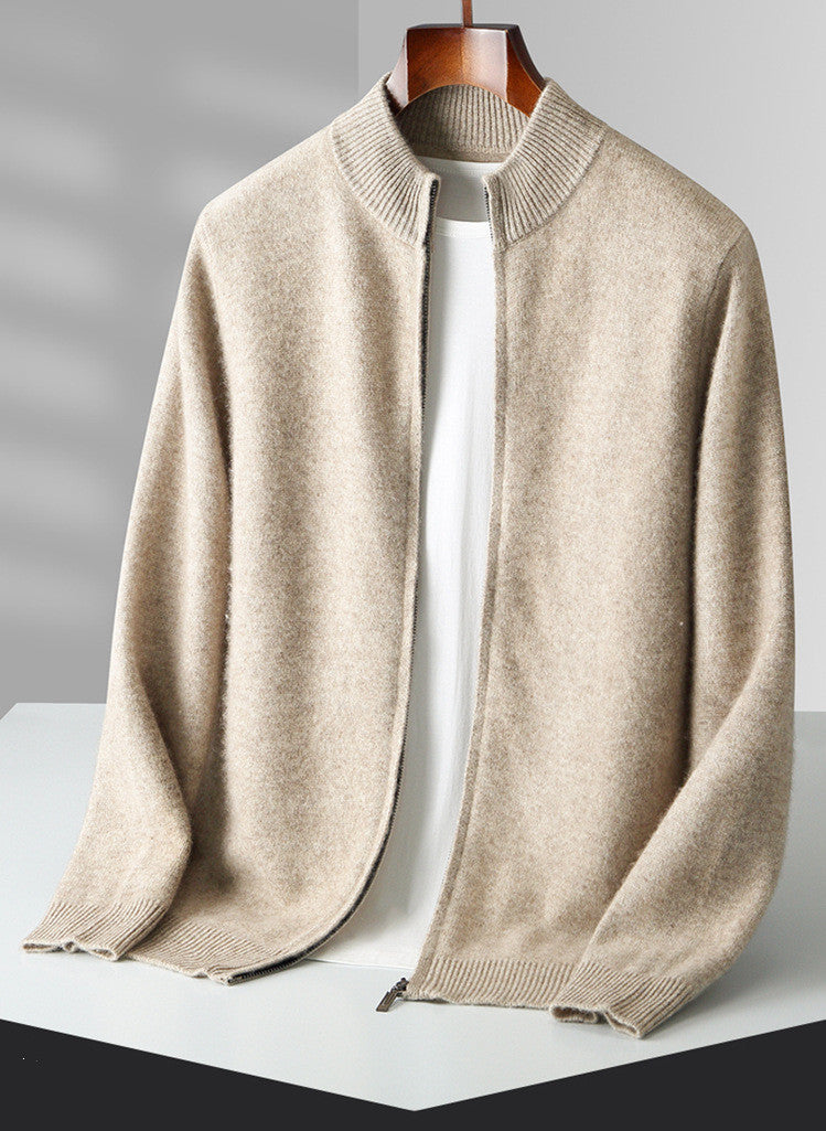 Pure Wool Knit Double-strand Thickening Stand Collar Cashmere Cardigan