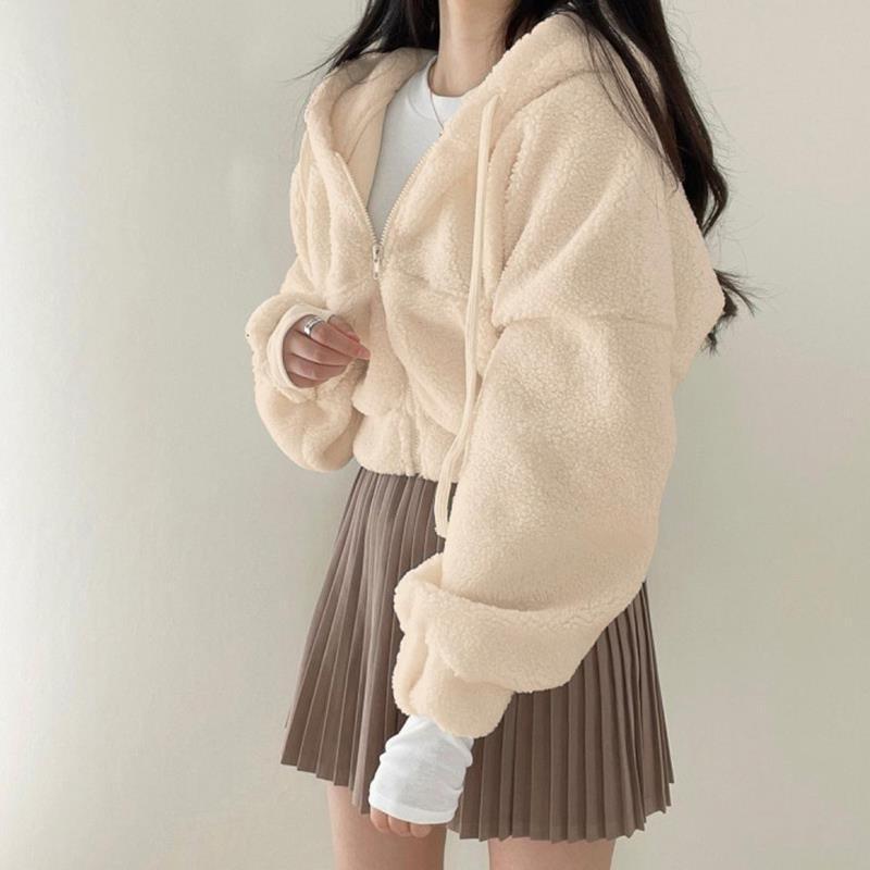 Academy Retro Solid Lamb Wool Casual Jacket Top - Trendha
