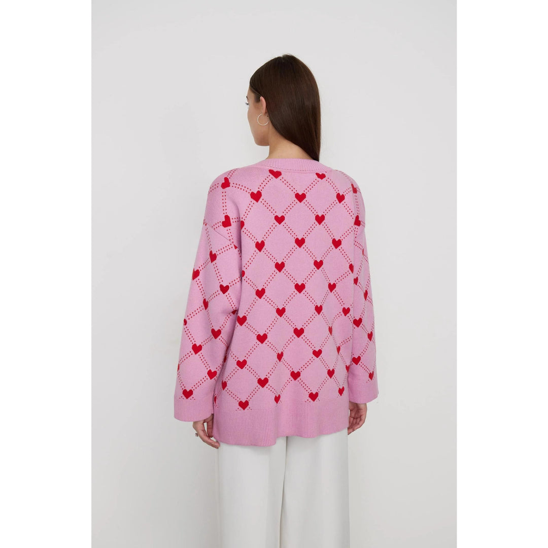 Women's Oversized V-Neck Knitted Cardigan with Heart Print