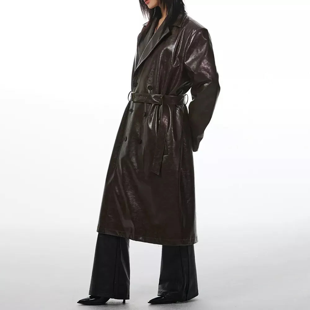 PU Leather Overcoat with Detachable Fur Collar & Belt