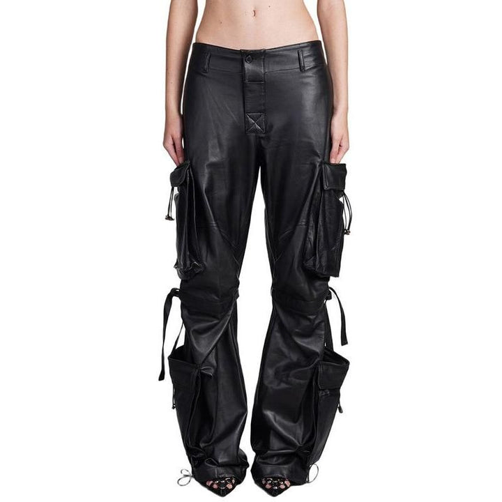 High Waist Solid Patchwork Leather Cargo Pants