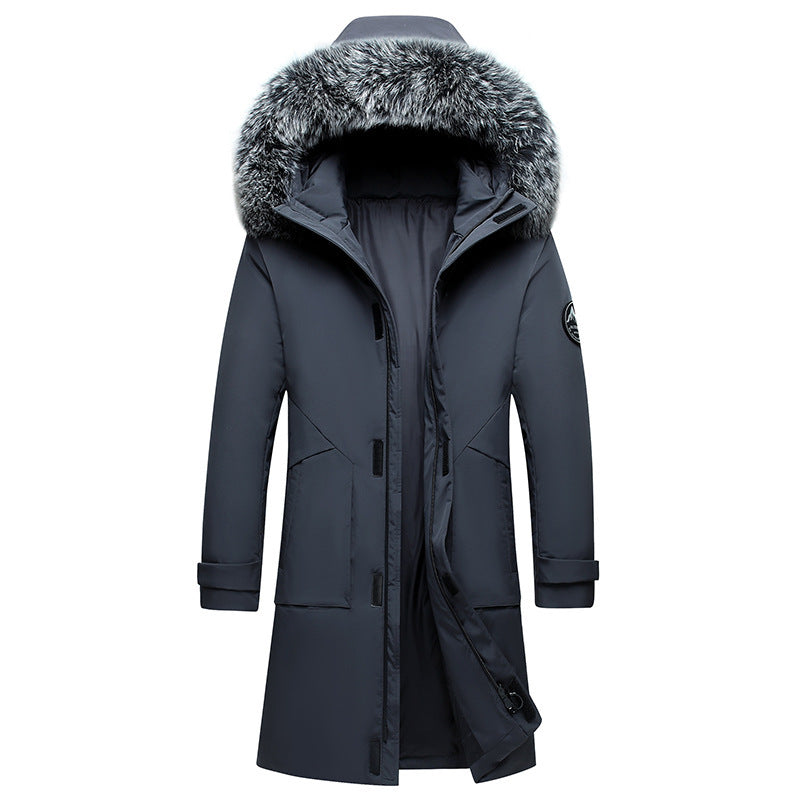 Men's Mid-Length Hooded Coat with Fur-Style Trim