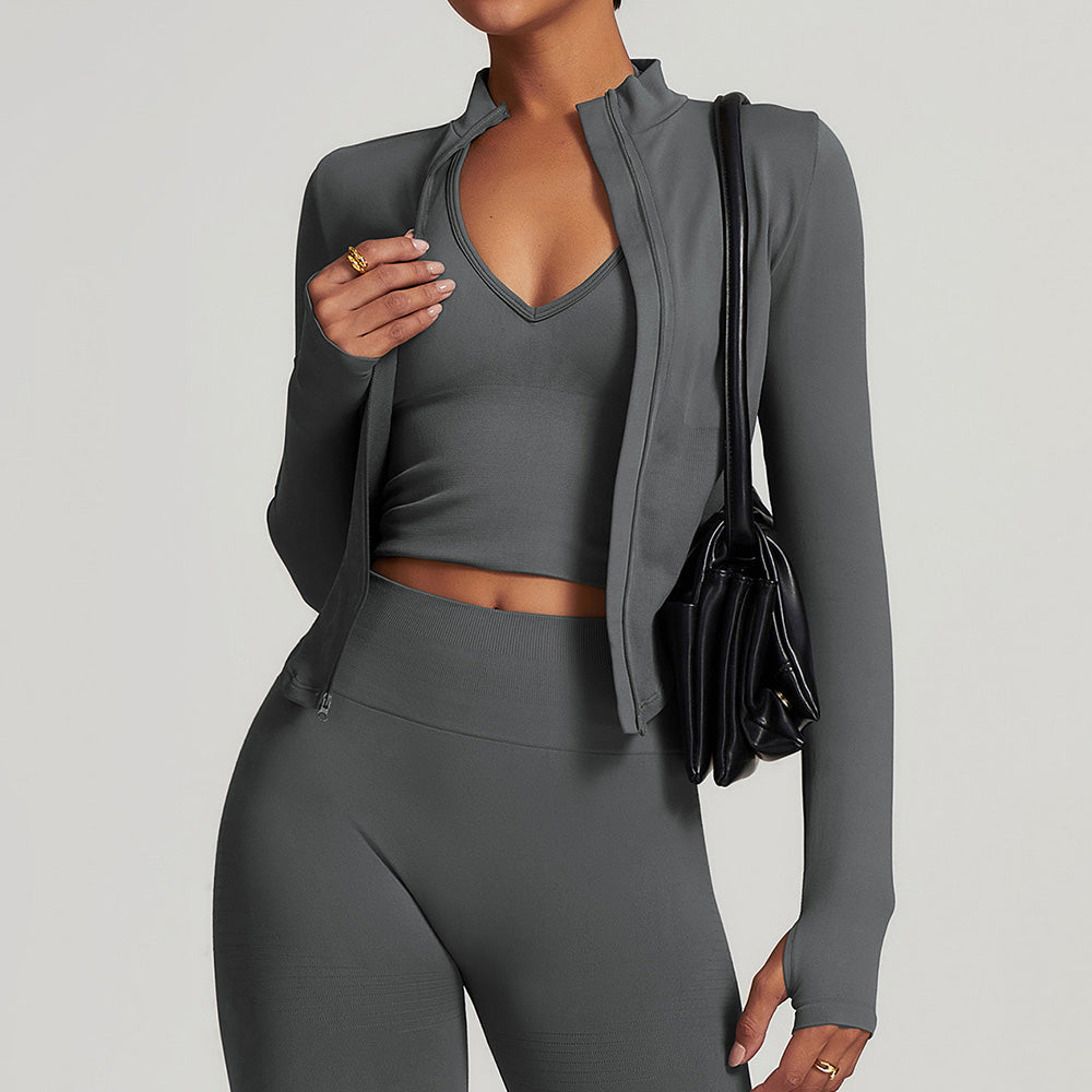 Full Zip-Up Long Sleeve Yoga Jacket with Thumb Holes