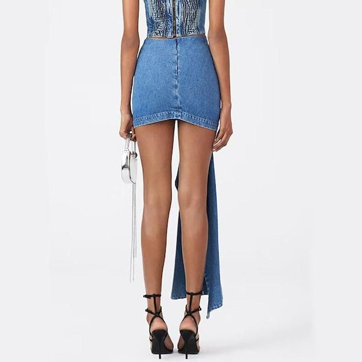 Chic High Waist Blue Denim Skirt with 3D Rose Detail