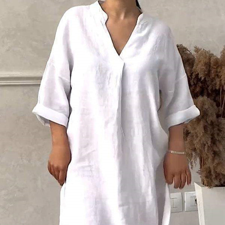 Fashion Cotton Linen Women V-neck Loose Plus Size Dress