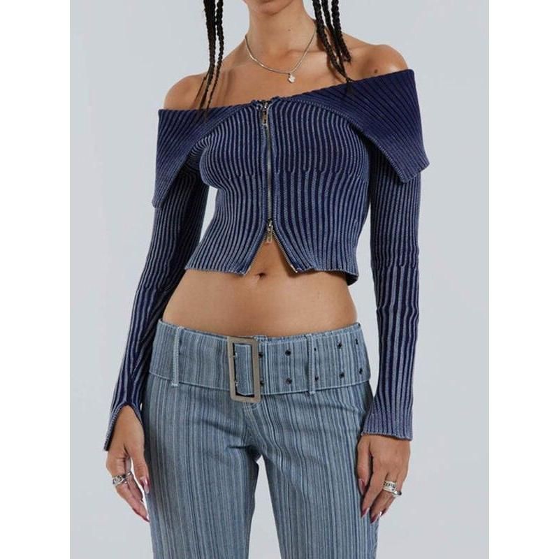 Chic Knitted One-Shoulder Midriff Cardigan