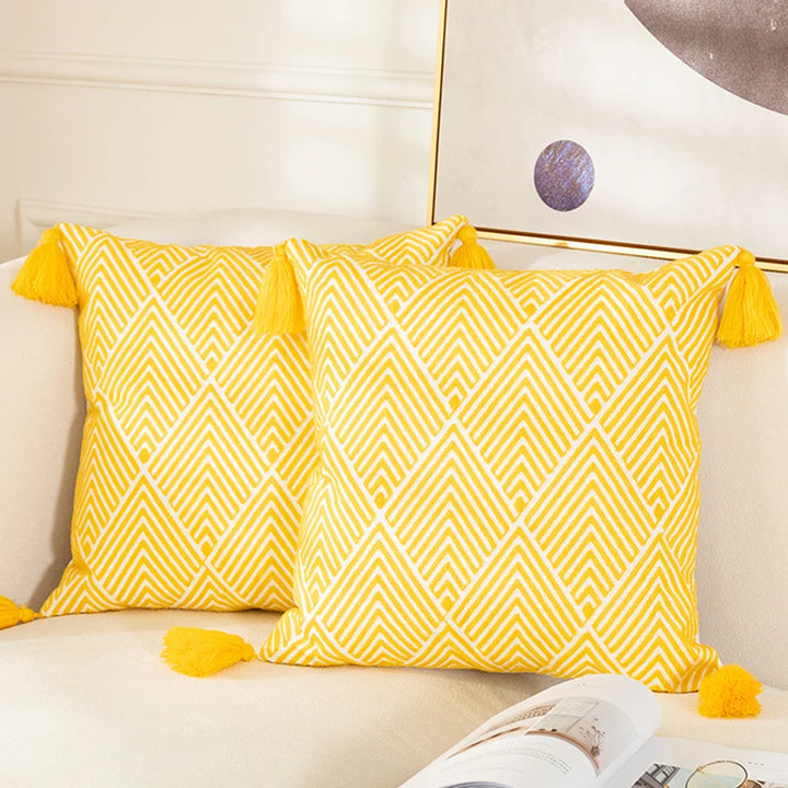 Yellow Geometric Embroidery Cushion Covers