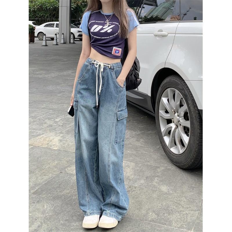 American High Street Drawstring Elastic Waist Jeans Women - Trendha