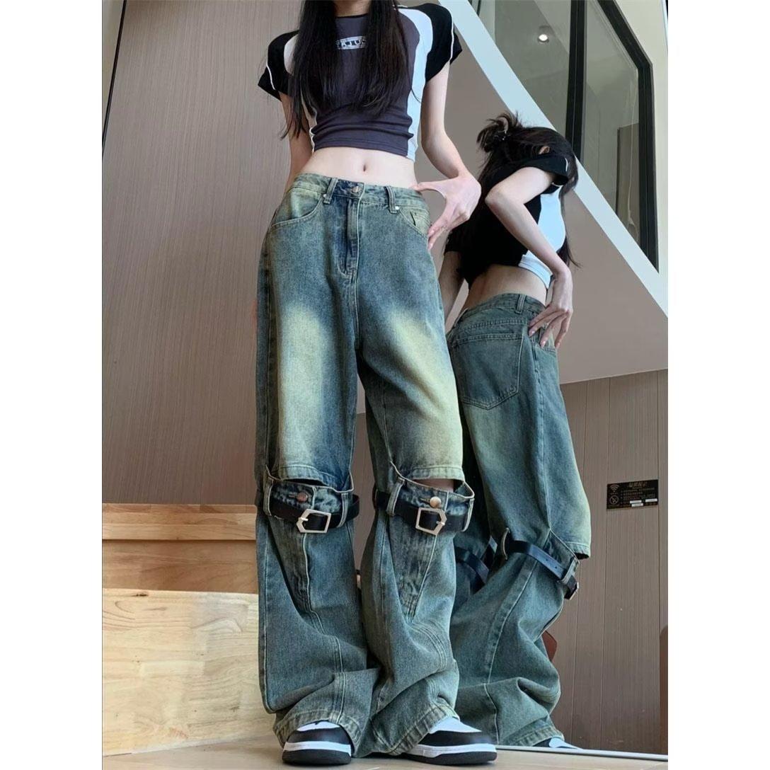 American Washed Distressed Belt Decorative Ripped Jeans - Trendha
