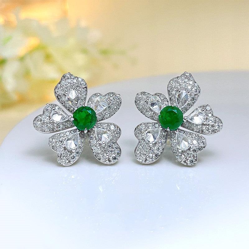 Artificial Emerald Flower Earrings 925 Silver Plated - Trendha