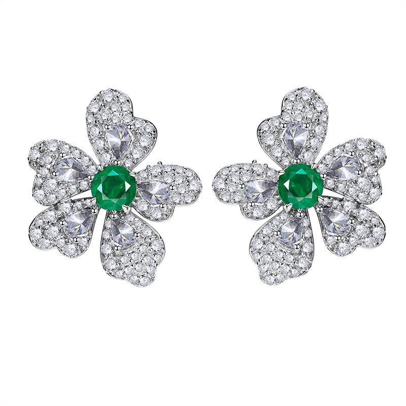 Artificial Emerald Flower Earrings 925 Silver Plated - Trendha