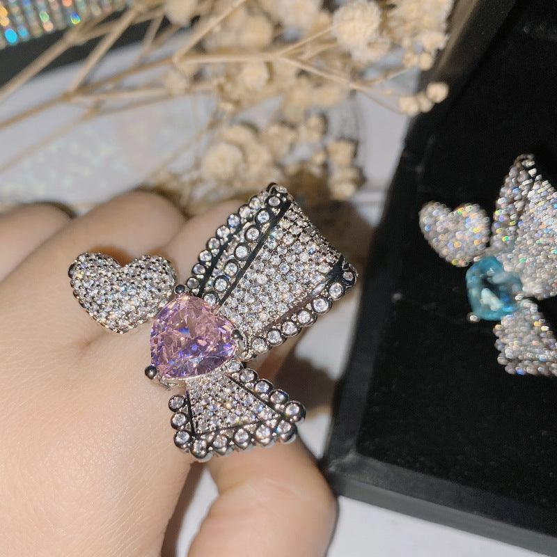 Asymmetrical Design Ring Micro - Studded Zirconium Butterfly Ring For Women - Trendha