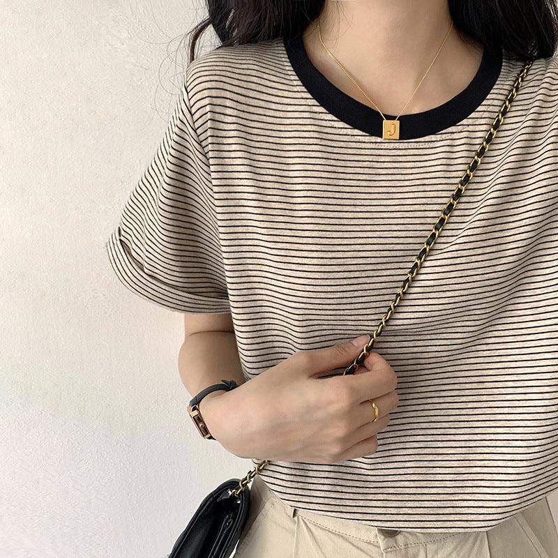 Autumn And Winter Brown Pullover Base Short Sleeve Turtleneck Round Neck Temperament Commute Striped Loose Cotton Base Shirt - Trendha