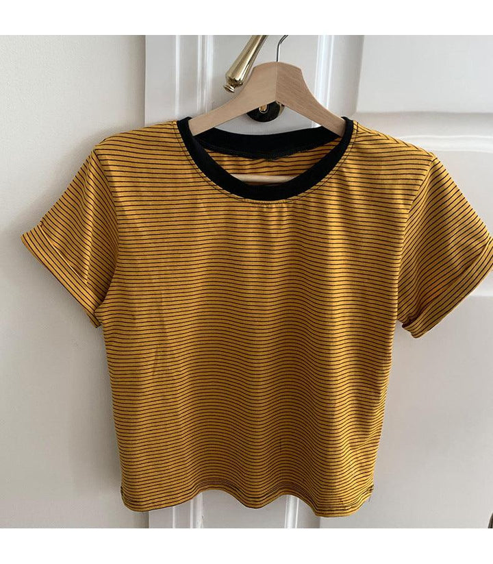 Autumn And Winter Brown Pullover Base Short Sleeve Turtleneck Round Neck Temperament Commute Striped Loose Cotton Base Shirt - Trendha