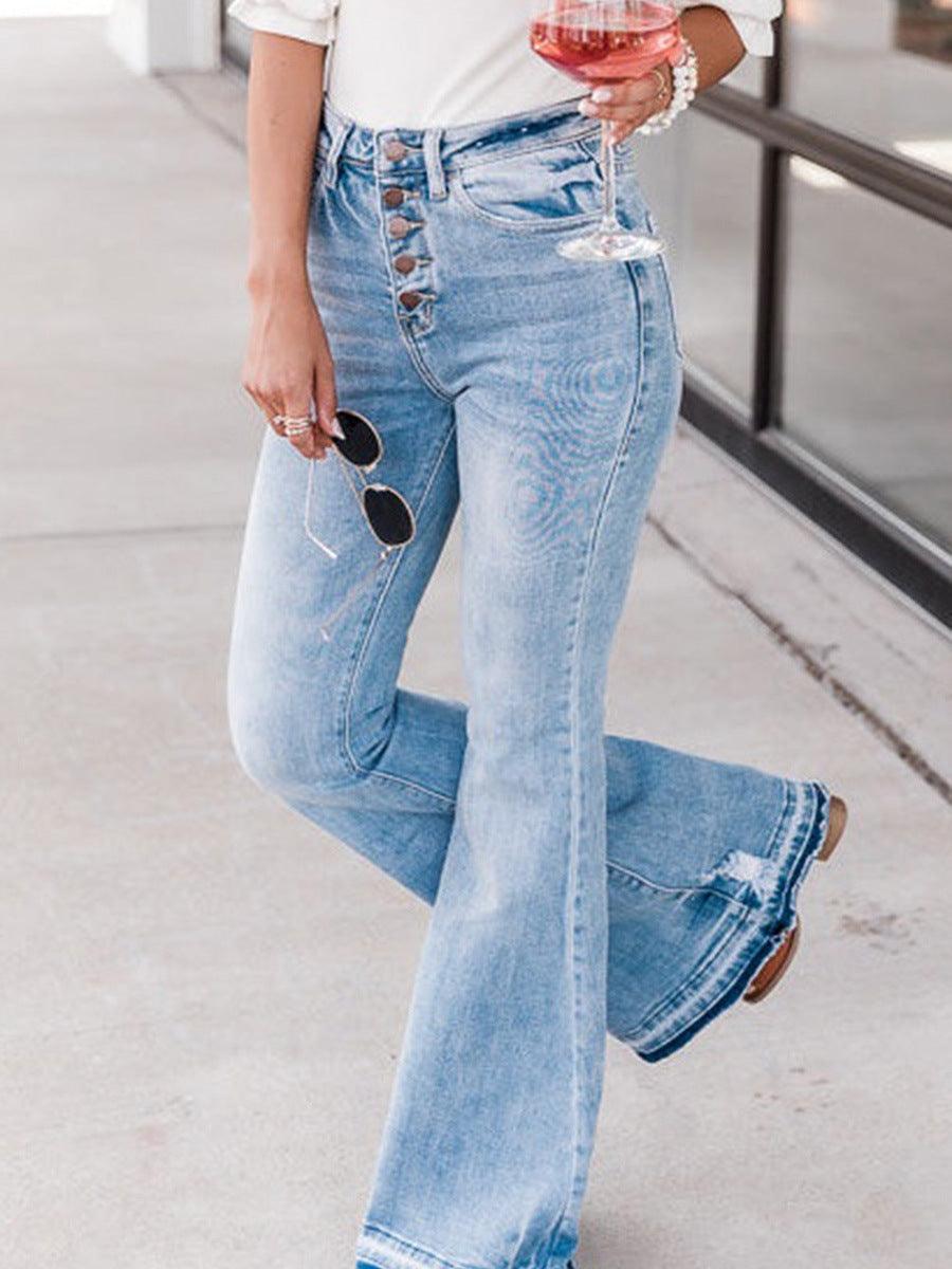 Autumn New Solid Color High Waist Denim Casual Versatile Buttons Slim Fit Bell-bottom Pants - Trendha