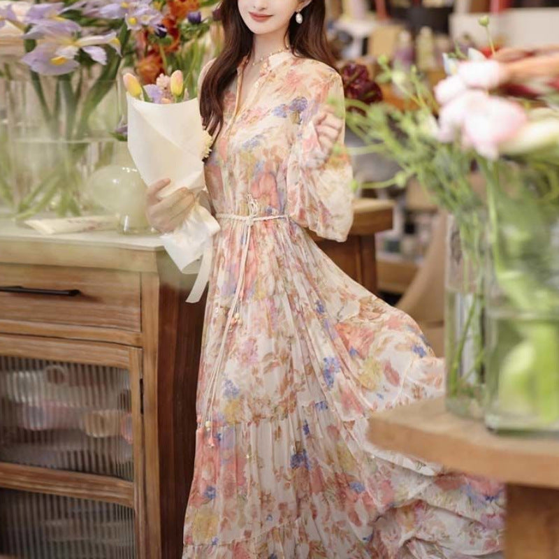 Floral Stand Collar Dress Women's Seaside Vacation