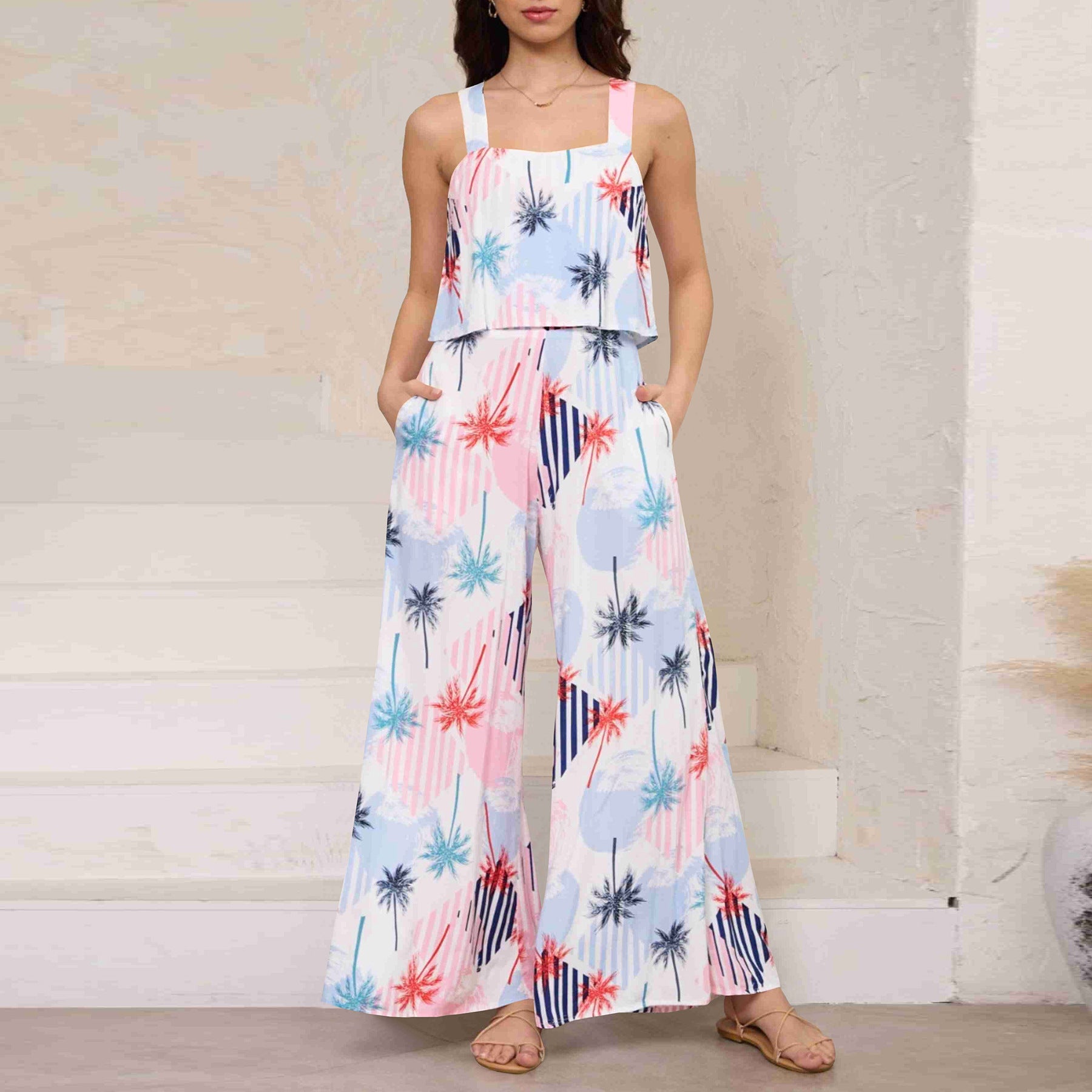 Chic Paisley Print Wide Leg Jumpsuit with Suspender Top Set - Women&