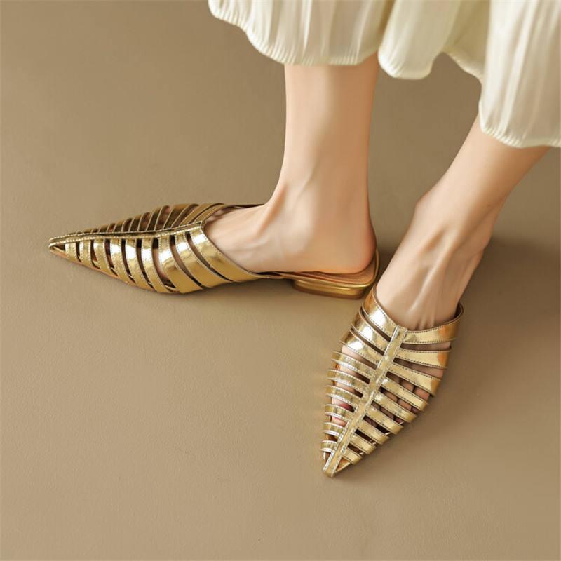 Chic Summer Sheepskin Pointed Toe Slippers - Women's Casual Low Heel Hollow Sandals