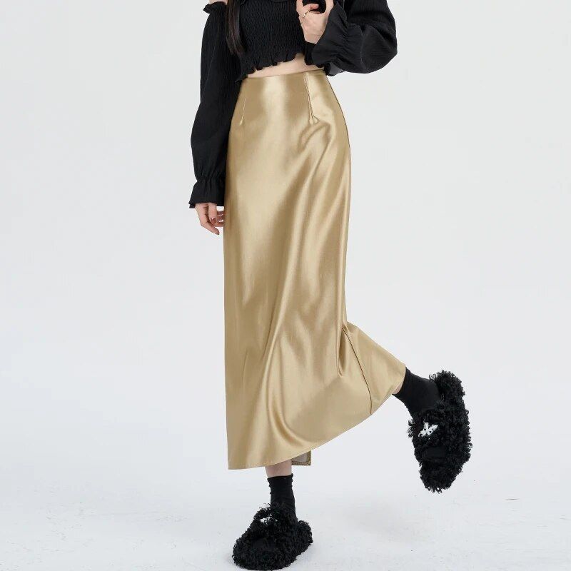 Elegant High Waist Silver Satin Maxi Skirt