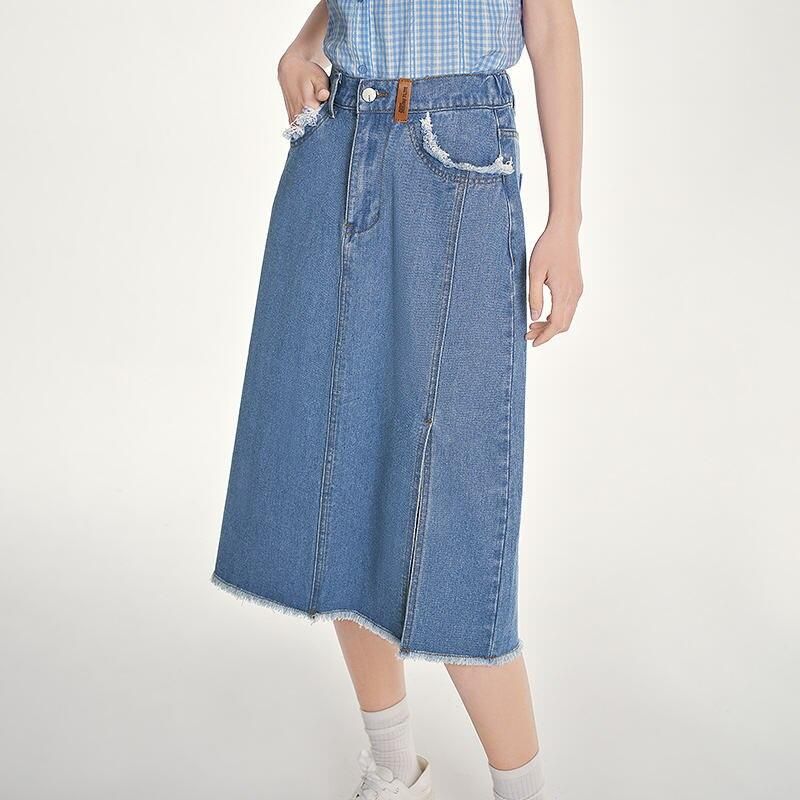 Summer Chic Denim A-Line Skirt with Plush Edges and Split Hem