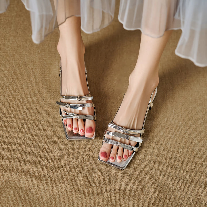 Square Toe Gladiator Sandals with Low Heel and Buckle Strap