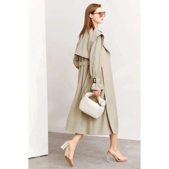 Minimalist Long Trench Coat for Women - Autumn Turndown Neck Patchwork Single Breasted