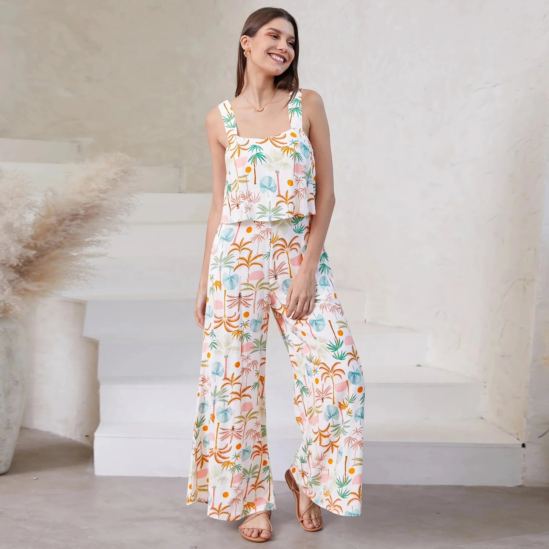 Chic Paisley Print Wide Leg Jumpsuit with Suspender Top Set - Women&