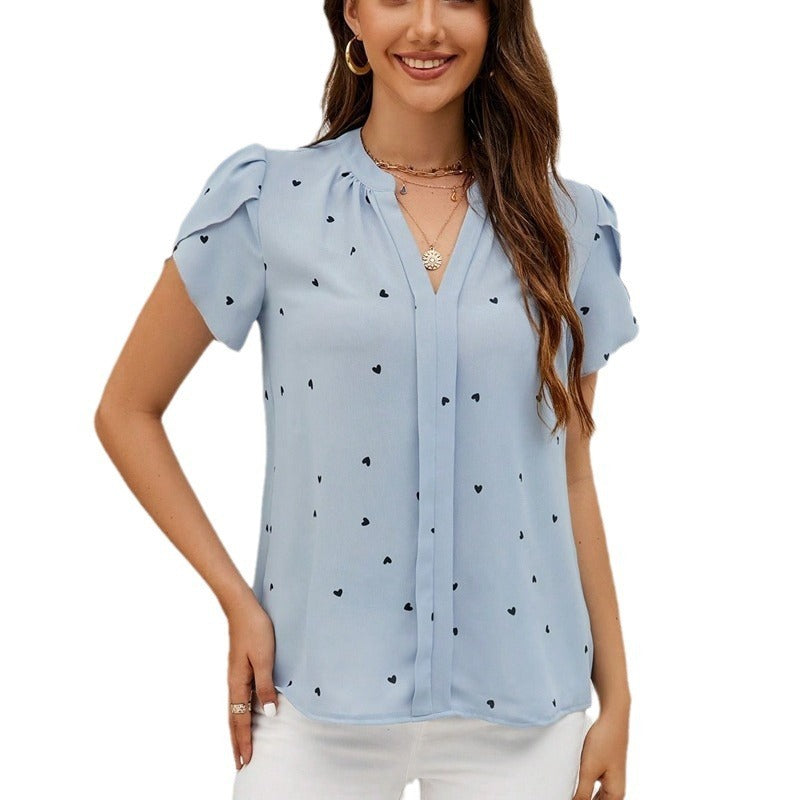 Women's V-neck Heart-shaped Petal Sleeve Shirt