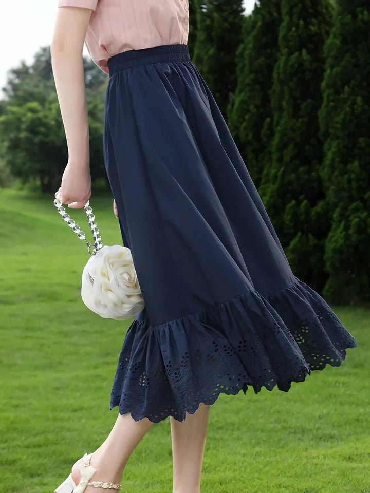 Blue High Waist A-line Cotton Lace Summer Skirt