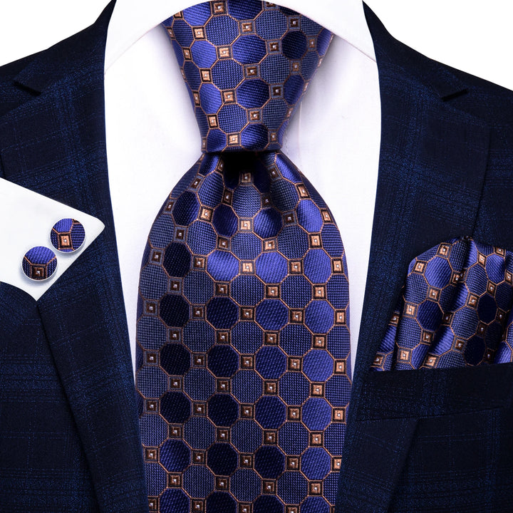 Navy Blue and Gold Plaid Silk Necktie Set with Cufflinks & Pocket Square for Men