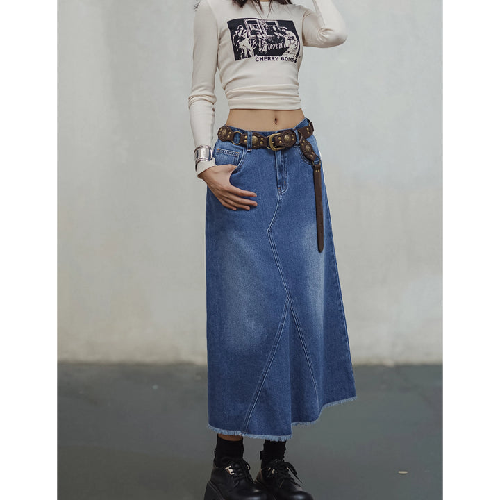 Vintage Washed Asymmetrical Denim A-line Skirt for Women