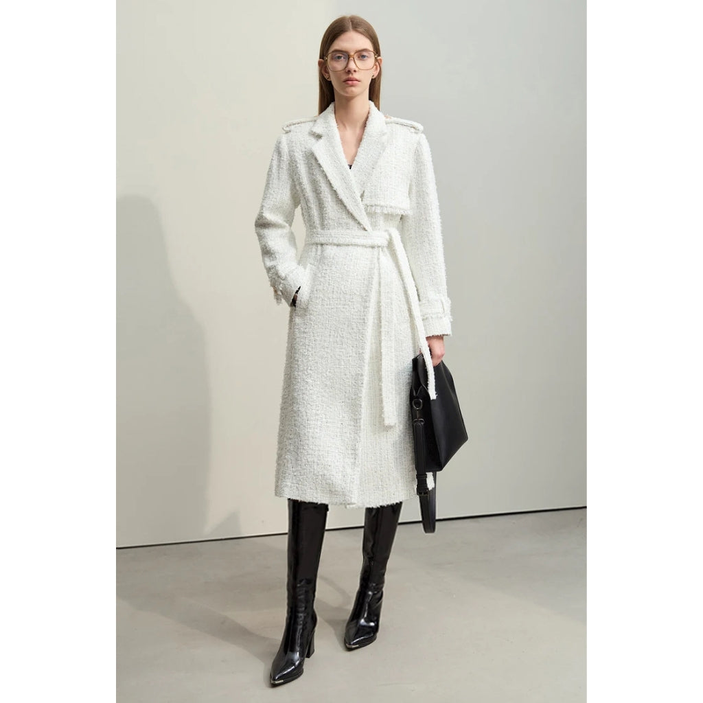 Elegant Women's Long Tweed Woolen Coat with Belt