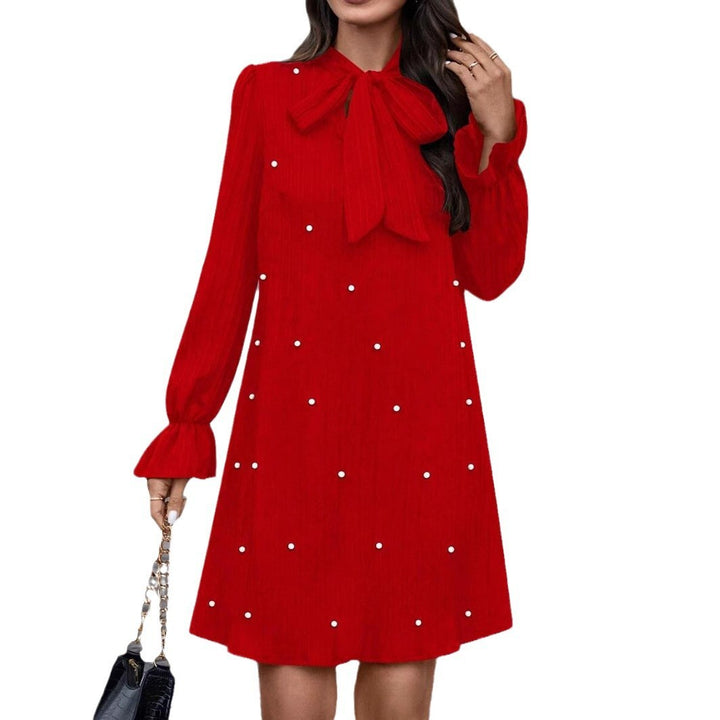 Women's Lace-up Bead Long Sleeve Solid Color Loose Dress