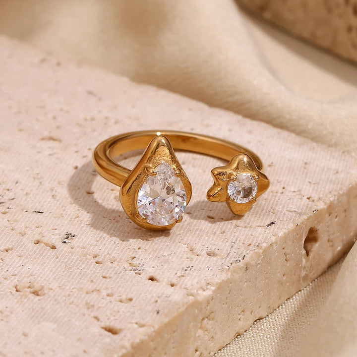 Asymmetric Water Droplets Star Ring, 18K Gold Plated Zircon Stainless Steel