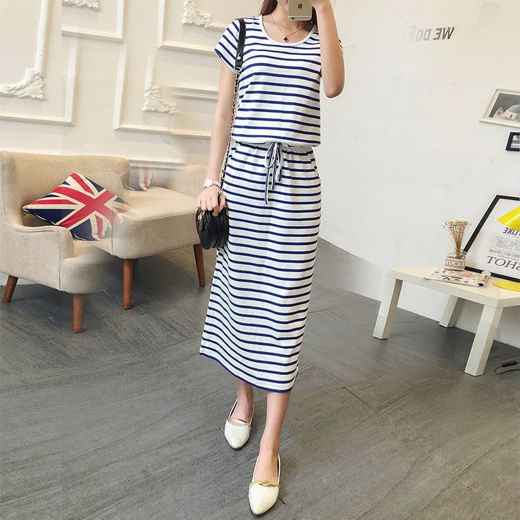 Round Neck Striped Cinched Plus Size Short Sleeve Dress