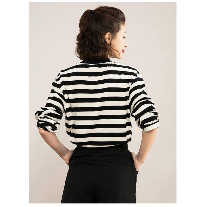 Half High Collar Stripe Long Sleeve T-Shirt