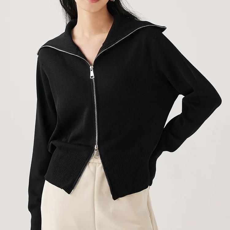 Black Silk-Cotton Blend Cardigan with Zipper
