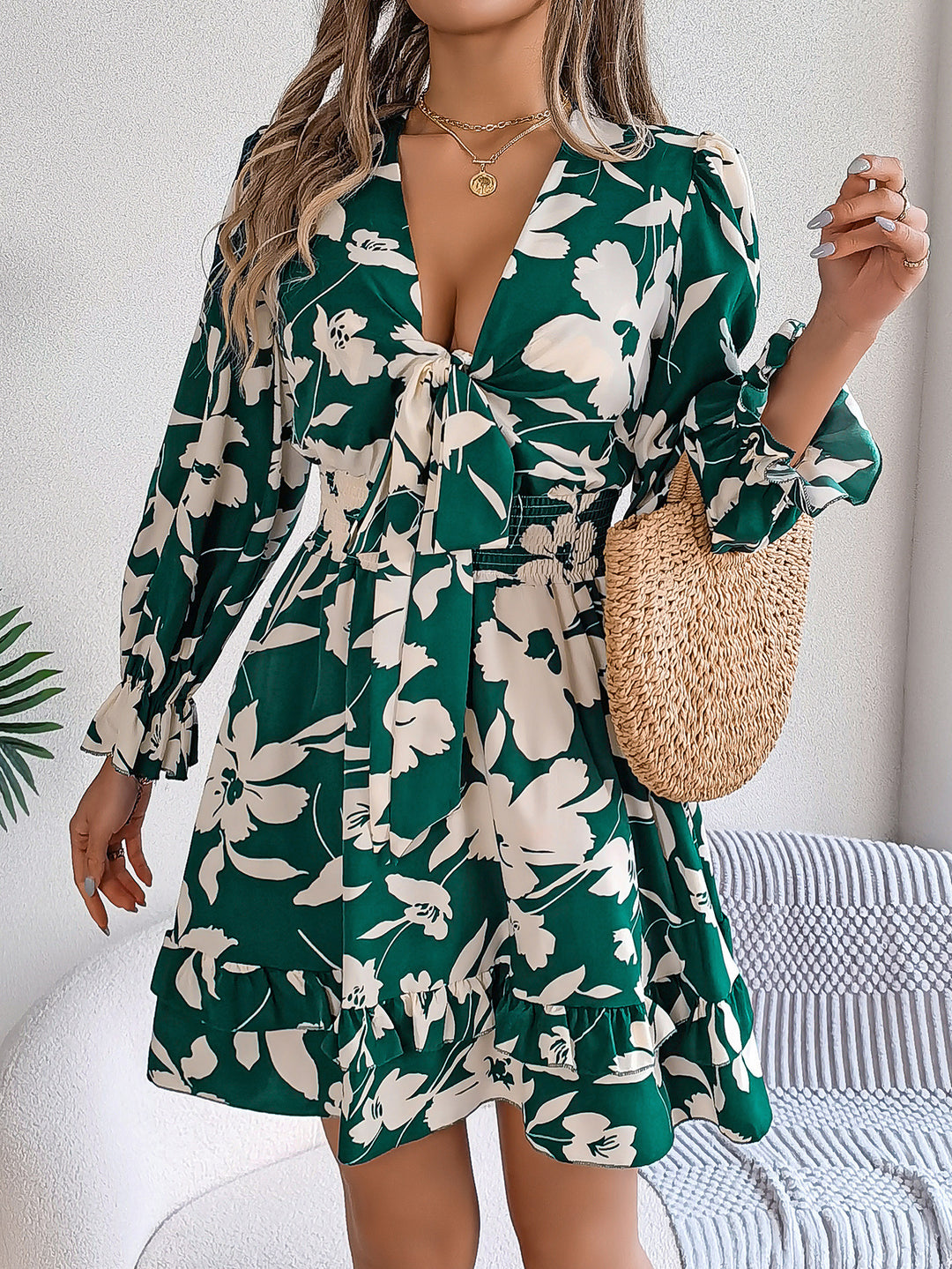 Women's Casual Flower Half Sleeve Ruffled A-line Dress