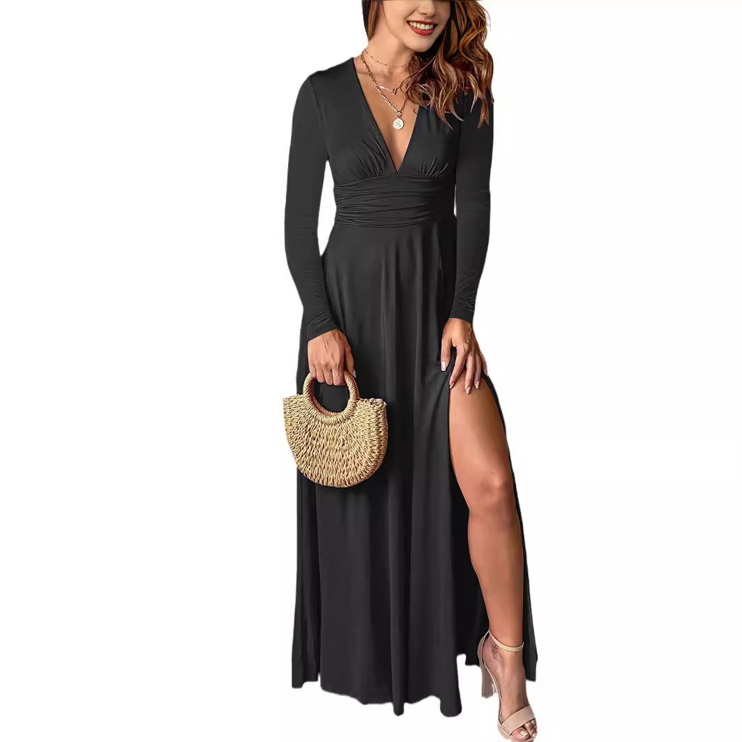 Deep V-neck Long Sleeve Dress Pleated Smocking High Waist Slit Club Party Evening Dress