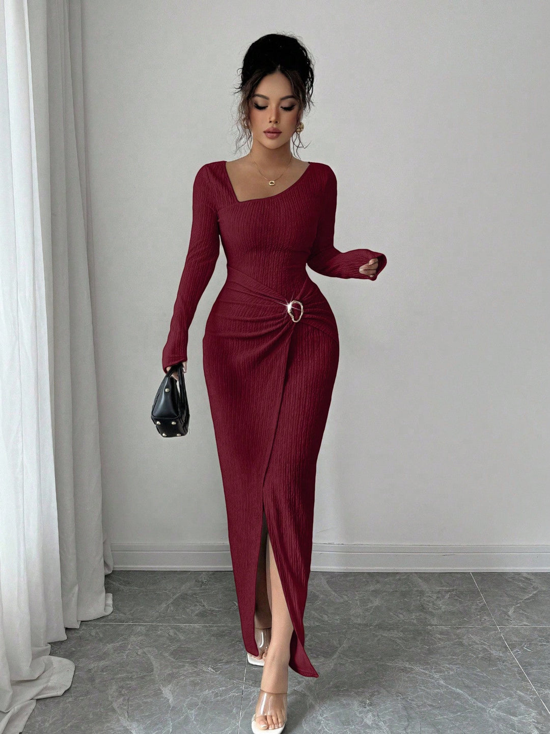 Autumn And Winter Irregular Neckline Solid Color Knitted Texture Long Dress For Women