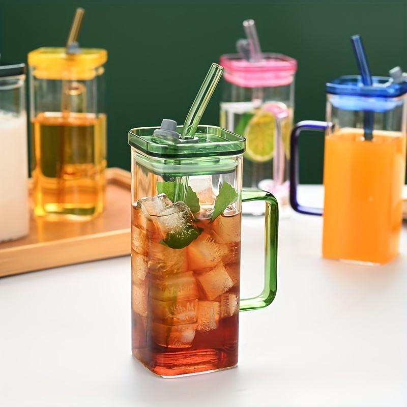 Square Glass Drinkware with Handle and Straw