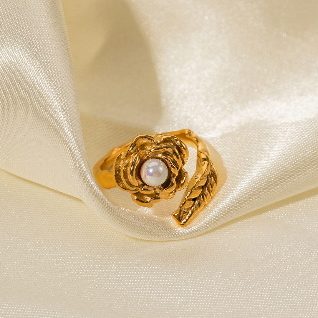 Gold Stainless Camellia Ring with Shellfish Beads