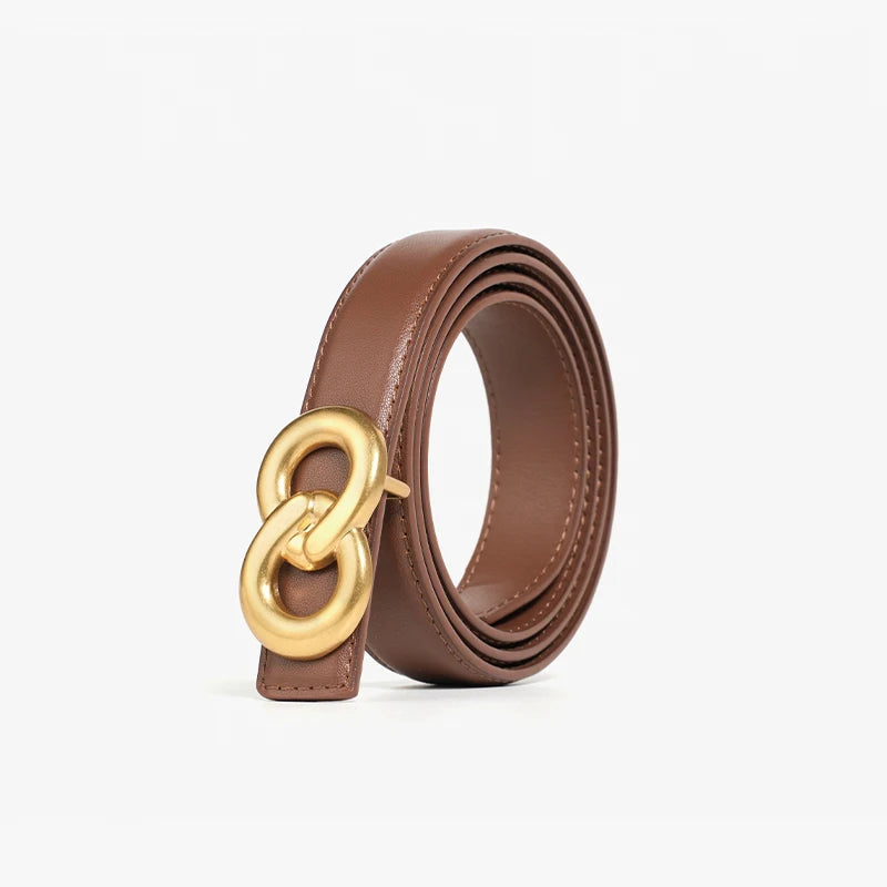 Women's Genuine Leather Belt with Gold Double-Ring Buckle