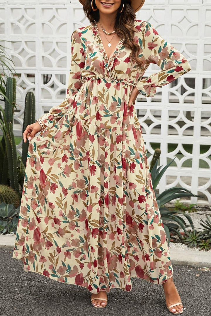 Floral Frill Trim Flounce Sleeve Plunge Maxi Dress - Trendha