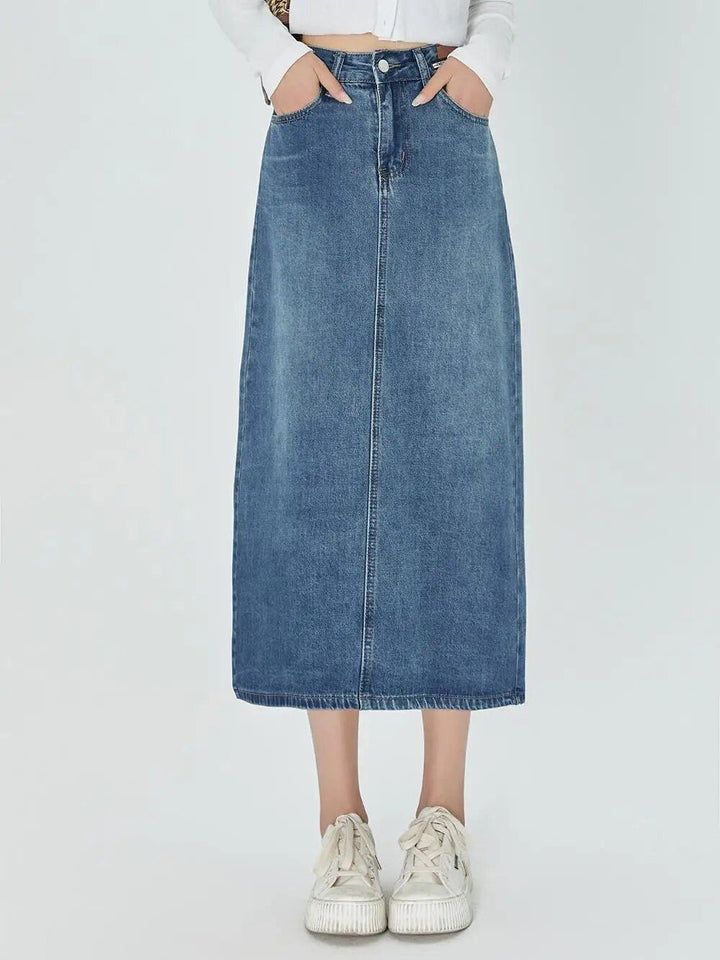 Classic Blue A-Line Midi Denim Skirt