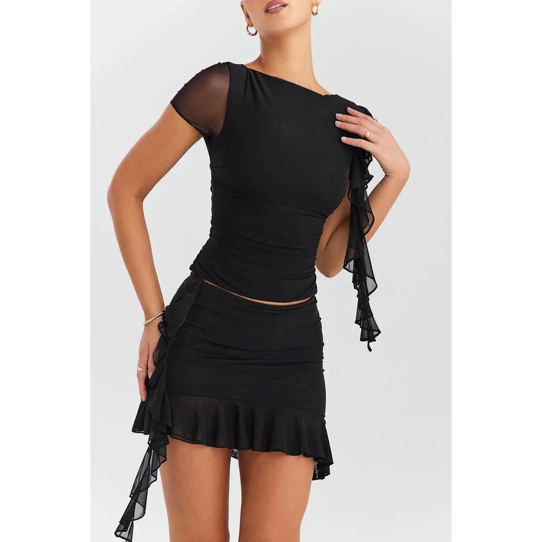 Elegant Ruffle Two-Piece Crop Top & Mini Skirt Set