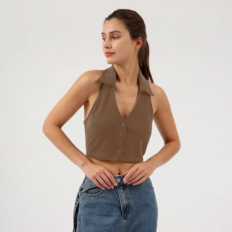 Chic Cotton-Polyester Cropped Halter Top